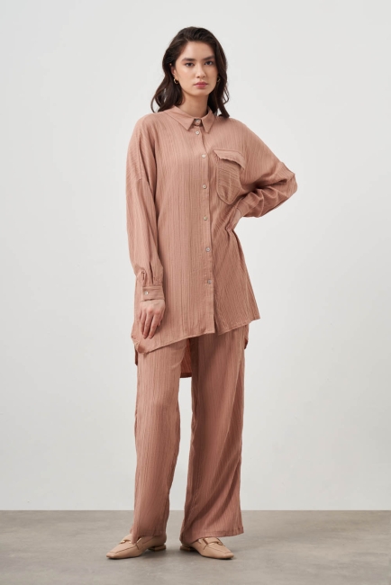 Mizalle Oversize Cepli Özel Dokuma Uzun Camel Tunik - Mizalle (1)