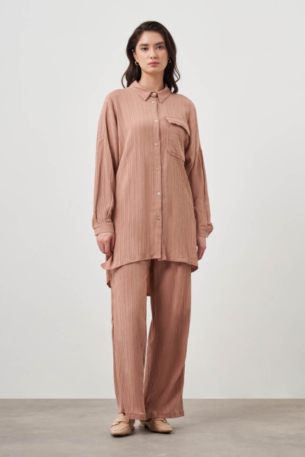 Mizalle Oversize Cepli Özel Dokuma Uzun Camel Tunik - Mizalle