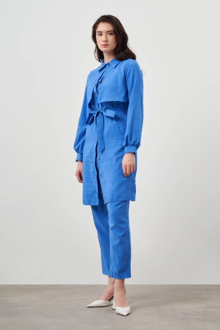 Mizalle Göğüs Parça Detaylı Kuşaklı İndigo Mavi Tunik - Mizalle