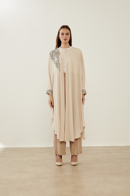 Mizalle Lame Boncuk İşli Pudra Epebe Şifon Abaya - Mizalle