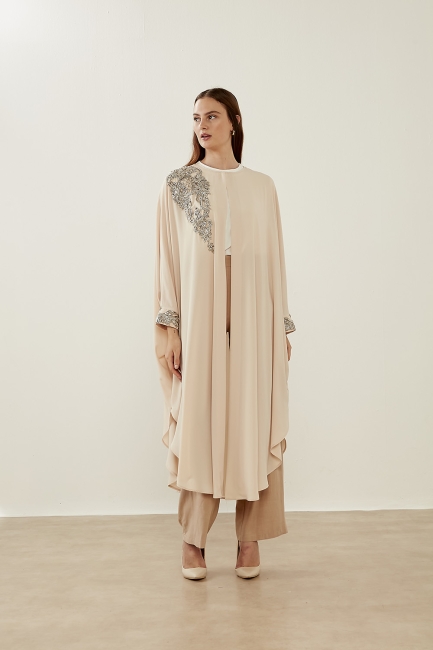 Mizalle Lame Boncuk İşli Pudra Epebe Şifon Abaya - Mizalle (1)