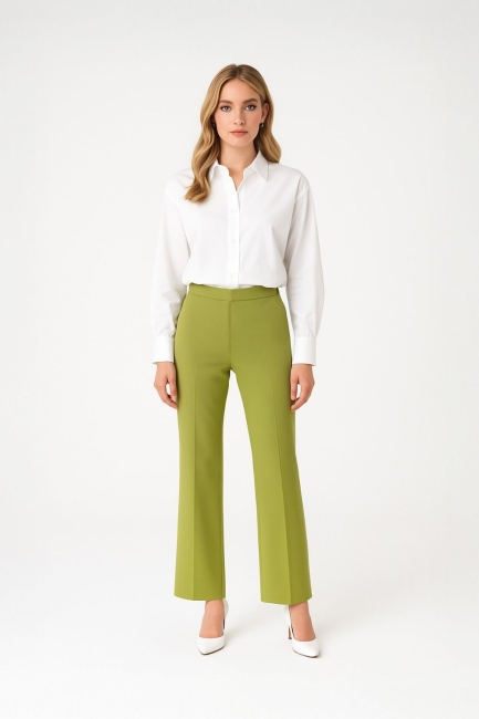 Mizalle Beli Lastikli İnce Krep Yeşil Klasik Pantolon - Mizalle