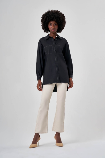 Mizalle Dikiş Detaylı Arkası Uzun Siyah Gömlek - Mizalle (1)