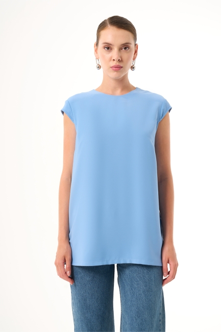 Mizalle Ay Kollu İnce Krep Açık Mavi Yuvarlak Yaka Bluz - Mizalle (1)