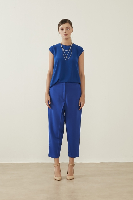 Mizalle Ay Kollu İnce Krep Saks Mavisi Yuvarlak Yaka Bluz - Mizalle (1)