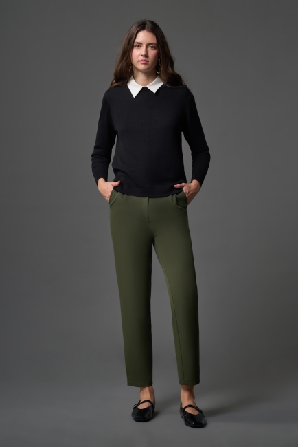 Mizalle Tek Pile Basic Beli Lastikli Günlük Haki Kumaş Pantolon - Mizalle