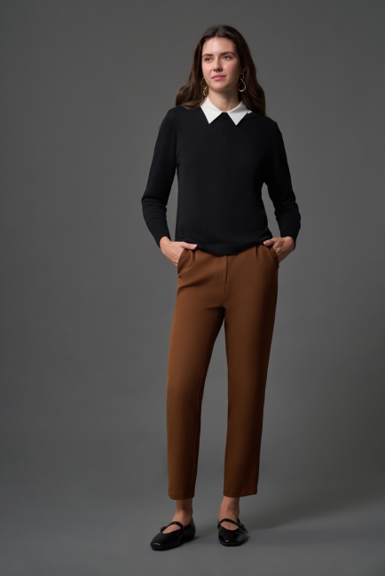 Mizalle Tek Pile Basic Beli Lastikli Günlük Kahverengi Kumaş Pantolon - Mizalle