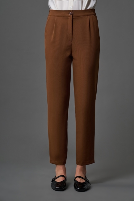 Mizalle Tek Pile Basic Beli Lastikli Günlük Kahverengi Kumaş Pantolon - Mizalle (1)