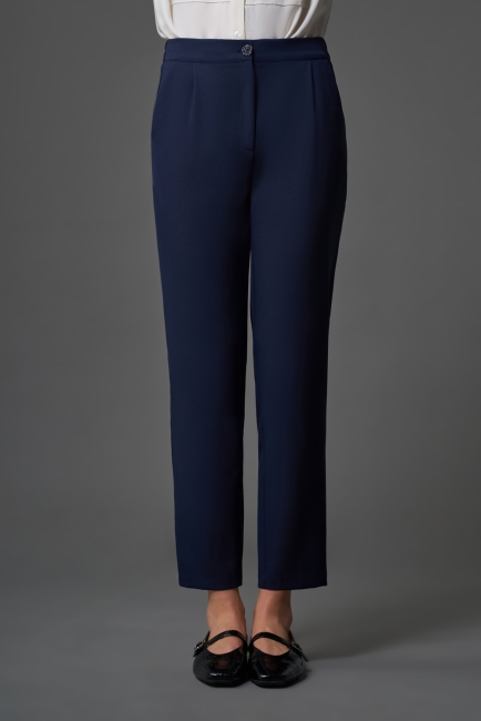 Mizalle Tek Pile Basic Beli Lastikli Günlük Lacivert Kumaş Pantolon - Mizalle (1)