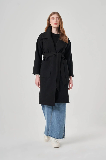 Mizalle Torba Cepli Basıc Kaşe Dokulu Siyah Kaban - Mizalle (1)