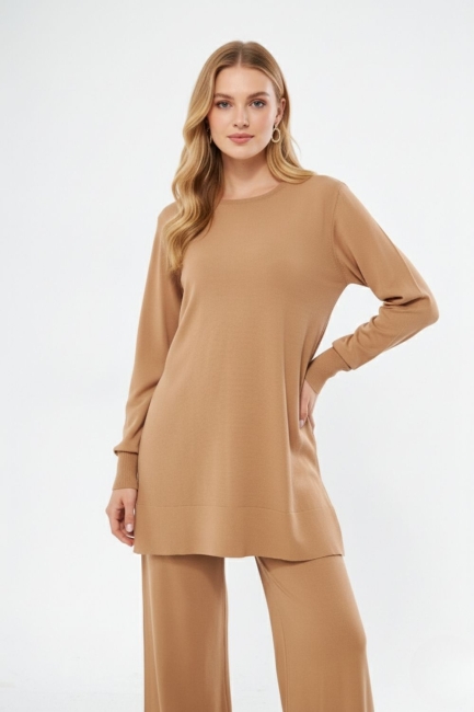 Mizalle Yuvarlak Yaka Camel Uzun Triko Tunik - Mizalle