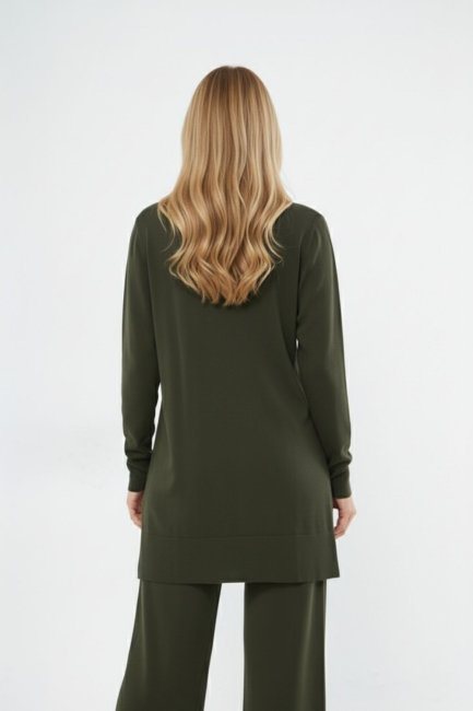 Mizalle Yuvarlak Yaka Haki Uzun Triko Tunik - Mizalle (1)