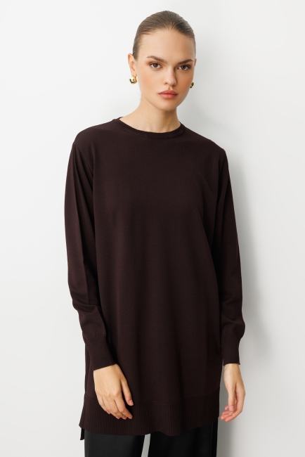 Mizalle Yuvarlak Yaka Kahverengi Uzun Triko Tunik - Mizalle (1)