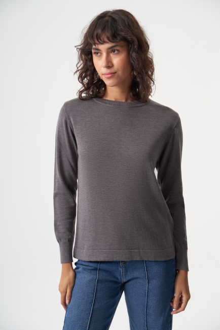 Mizalle Yuvarlak Yaka Basic Koyu Gri Triko Kazak - Mizalle (1)