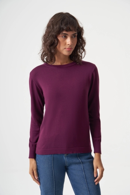 Mizalle Yuvarlak Yaka Basic Mürdüm Triko Kazak - Mizalle (1)