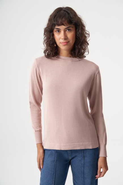 Mizalle Yuvarlak Yaka Basic Pudra Pembe Triko Kazak - Mizalle (1)