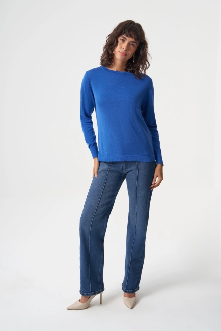 Mizalle Yuvarlak Yaka Basic Saks Mavisi Triko Kazak - Mizalle (1)