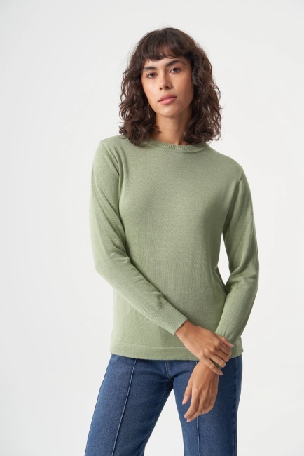 Mizalle Yuvarlak Yaka Basic Su Yeşili Triko Kazak - Mizalle (1)