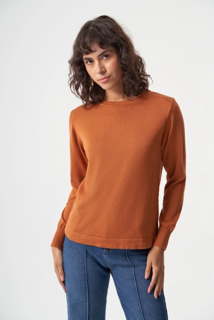 Mizalle Yuvarlak Yaka Basic Taba Rengi Triko Kazak - Mizalle