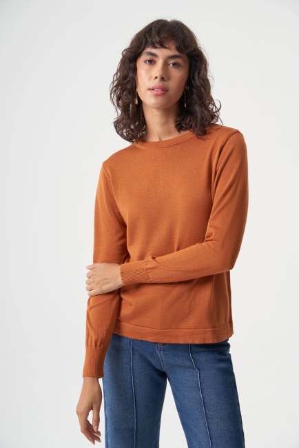 Mizalle Yuvarlak Yaka Basic Taba Rengi Triko Kazak - Mizalle (1)