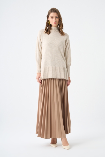 Mizalle Basic Örme Piliseli Bej Rengi Uzun Etek - Mizalle