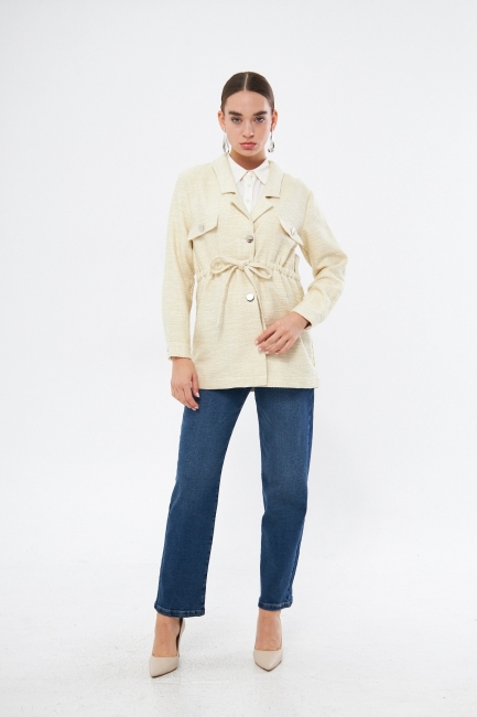 Mizalle Beli Bağcıklı Ekru Safari Ceket - Mizalle
