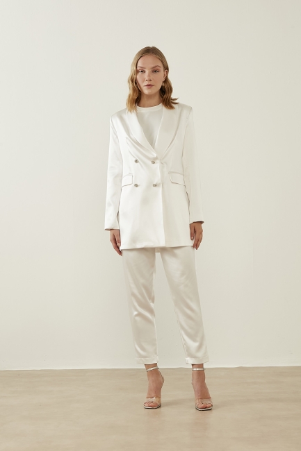 Mizalle Kısa Paça Beli Lastikli Ekru Şık Saten Pantolon - Mizalle (1)