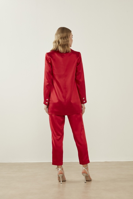 Mizalle Kısa Paça Beli Lastikli Kırmızı Şık Saten Pantolon - Mizalle (1)
