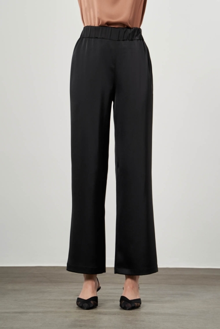 Mizalle Beli Lastikli Geniş Kesimli Siyah Saten Pantolon - Mizalle (1)