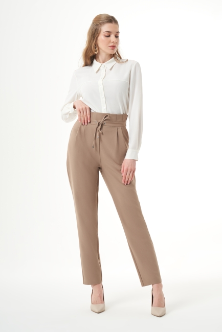 Beli Pile Bağcıklı Vizon Pantolon - Mizalle