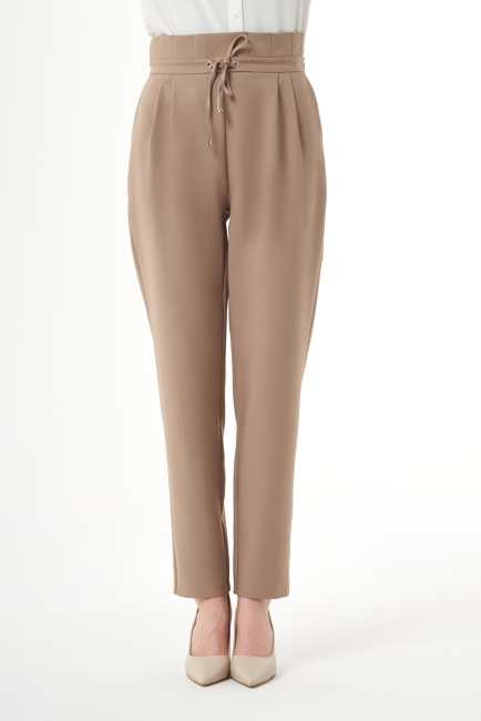 Beli Pile Bağcıklı Vizon Pantolon - Mizalle (1)