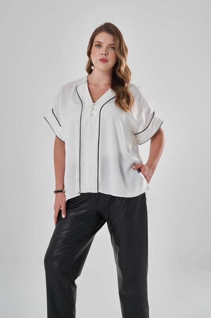 Biyeli Saten Ekru Gömlek - Mizalle