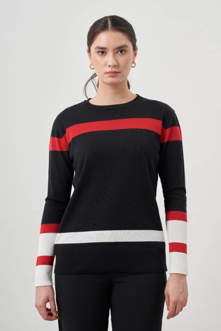 Mizalle Kırmızı Ekru renk Bloklu Siyah Premium Triko Kazak - Mizalle