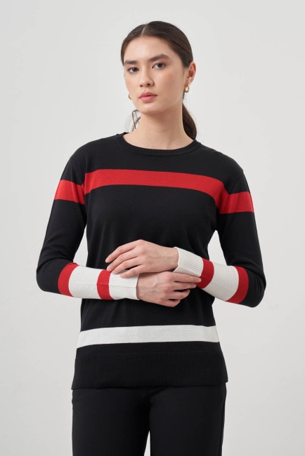 Mizalle Kırmızı Ekru renk Bloklu Siyah Premium Triko Kazak - Mizalle (1)