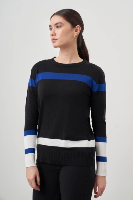 Mizalle Mavi Ekru renk Bloklu Siyah Premium Triko Kazak - Mizalle (1)