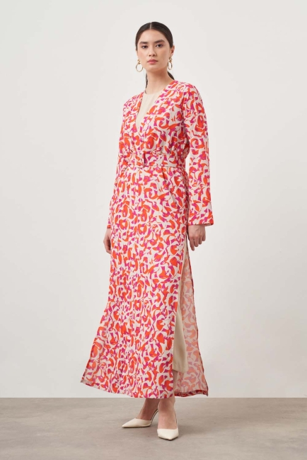 Mizalle Kırmızı Desenli Uzun Kimono 2 li Takım - Mizalle (1)