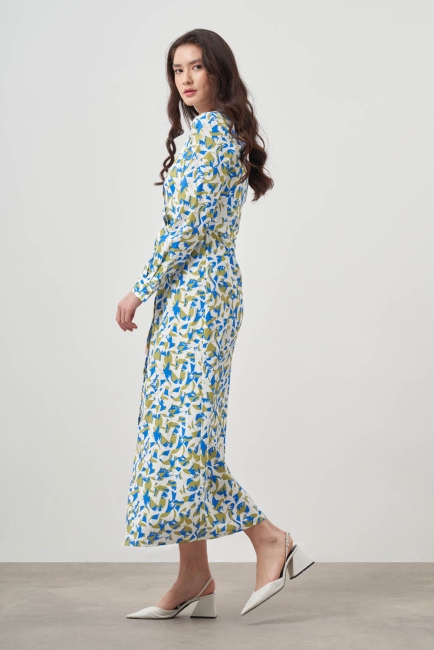 Mizalle Yeşil Mavi Desenli Kuşaklı Uzun Gömlek Elbise - Mizalle (1)