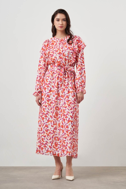 Mizalle Fırfır Detaylı Nar Çiçeği Desenli Uzun Şifon Elbise - Mizalle