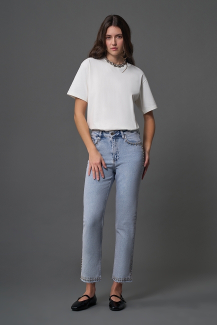 Mizalle Taş Detaylı Açık Mavi Denim Pantolon - Mizalle