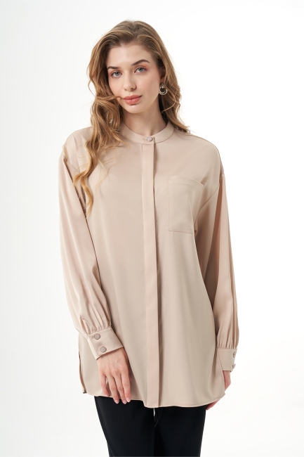 Mizalle Hakim Yaka Bej Rengi Saten Tunik - Mizalle