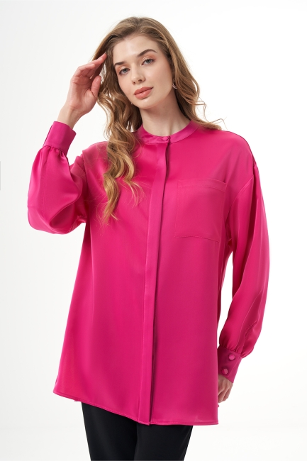 Mizalle Hakim Yaka Fuşya Saten Tunik - Mizalle