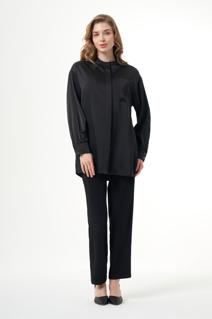 Mizalle Hakim Yaka Siyah Saten Tunik - Mizalle