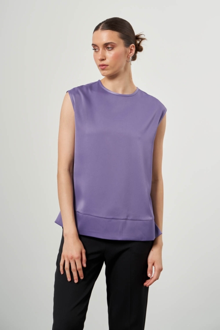 Mizalle Kolsuz Yuvarlak Yaka Mor Saten Dökümlü Bluz - Mizalle (1)