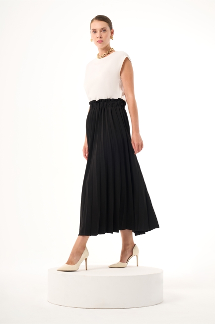 Mizalle Beli Lastikli Piliseli Siyah Uzun Etek - Mizalle (1)