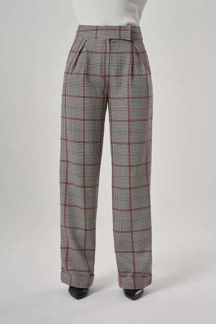 Mizalle Tek Pileli Geniş Ekoseli Bol Kesim Pantolon - Mizalle (1)