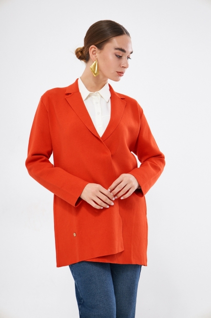 Mizalle Turuncu Örme Triko Rahat Kesimli Ceket - Mizalle