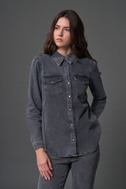 Mizalle Çift Cepli Klasik Antrasit Denim Gömlek - Mizalle (1)