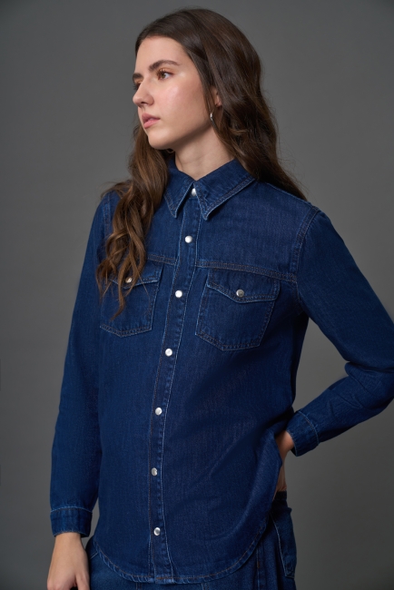 Mizalle Çift Cepli Klasik İndigo Mavi Denim Gömlek - Mizalle