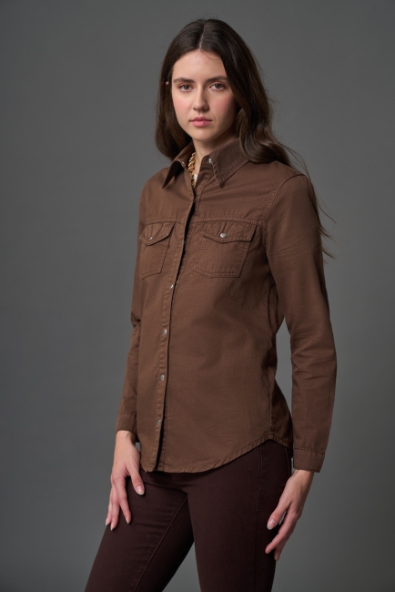 Mizalle Çift Cepli Klasik Kahverengi Denim Gömlek - Mizalle (1)