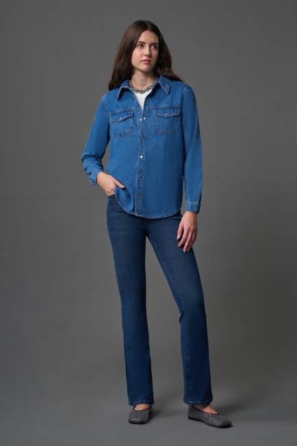 Çıtçıtlı Denim mavi Gömlek - Mizalle